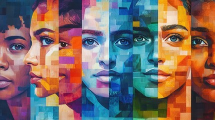 Obraz premium Mosaic of Unity, a colorful assembly of diverse faces representing global harmony and cultural richness