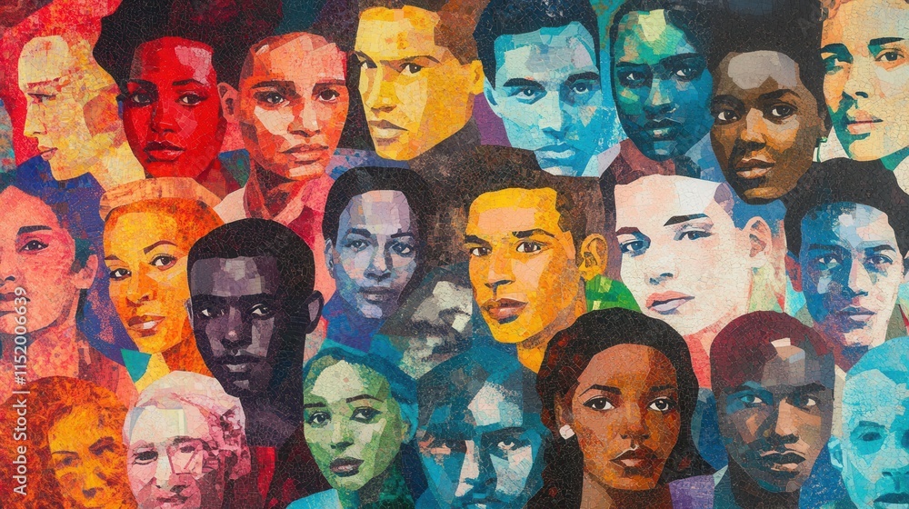 Aufkleber mosaic of unity, a colorful assembly of diverse faces representing global harmony and interconnected
