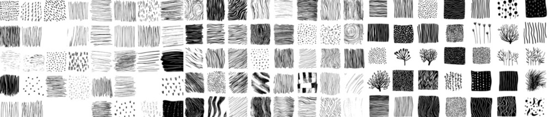 Hand-drawn crosshatching. Squares drawn with a hatching technique, geometric shapes with crosshatch strokes, and simple doodle sketch design elements. A modern, isolated set.