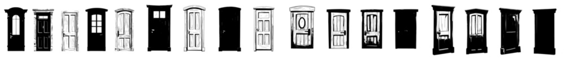 Animation sequence for opening doors: Cartoon steps for entering and exiting through a door, featuring white frames for a sprite game asset. Modern, isolated set.