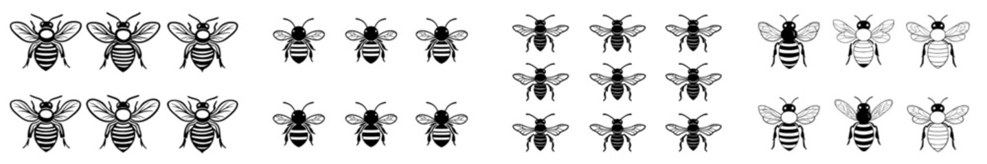 Hand-drawn doodle of a bee. Collection of cartoon outline bees in line style.