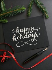 Elegant Black Calligraphy 'Happy Holidays' with Red Ribbon