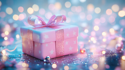 Fototapeta premium A pink box with a bow on top of it