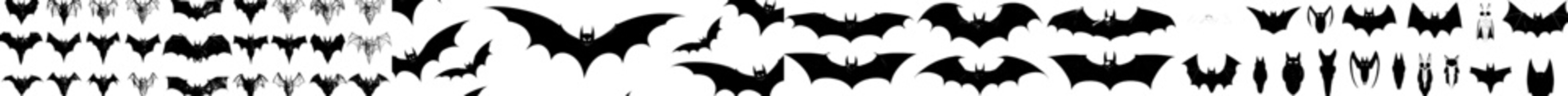 Halloween black bat silhouettes, isolated and modern, are perfect for holiday horror themes. These cartoon icons depict flying vampire bats, ideal for spooky and scary decorations at trick-or-treat