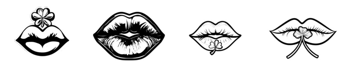A stylish green lip silhouette featuring a clover shamrock leaf, set against a white background. This decorative print of female lips is perfect for St. Patrick's Day designs, with the message 