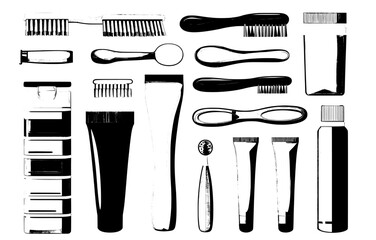 Dental hygiene products. Cartoon oral care accessories, teeth maintenance items including toothbrush, toothpaste, floss, and mouthwash icons. Modern flat set.