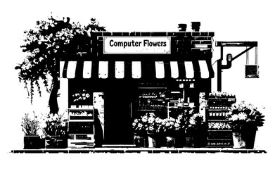 A small flower shop specializing in vibrant potted plants, displayed both on shelves and along the sidewalk, with hanging flower baskets, depicted in a modern illustration.