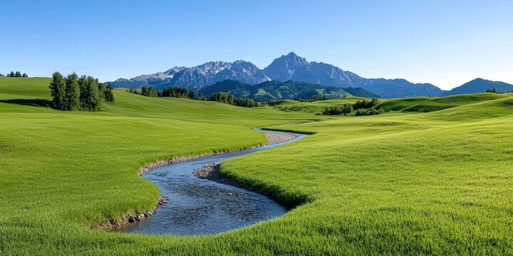 Serene Green Landscape with Flowing River and Majestic Mountains Under Clear Blue Sky