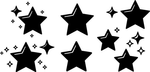 Fototapeta premium Collection of different vector sparkling stars icon, decorative twinkle and bursts forms, abstract shining flash symbols, glowing light effect, y2k style basic shapes geometric graphic elements