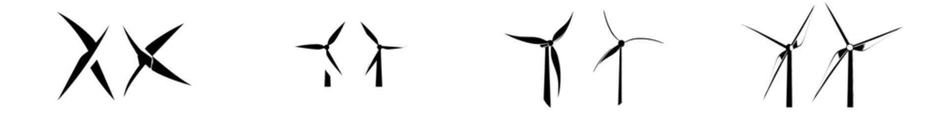 A modern, simple graphic illustration set featuring a fan propeller logo icon, turbine airflow rotating sign symbol, ventilator for heating and cooling, and a sport or airplane airline logotype image