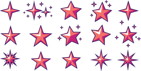 Collection of different vector sparkling stars icon, decorative twinkle and bursts forms, abstract shining flash symbols, glowing light effect, y2k style basic shapes geometric graphic elements