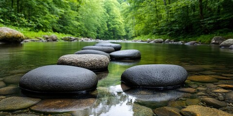 Tranquil Stream with Smooth Stones Creating a Path Through Lush Green Forest Surroundings