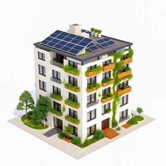 Modern building with solar panels. 3d isometric vector illustration.