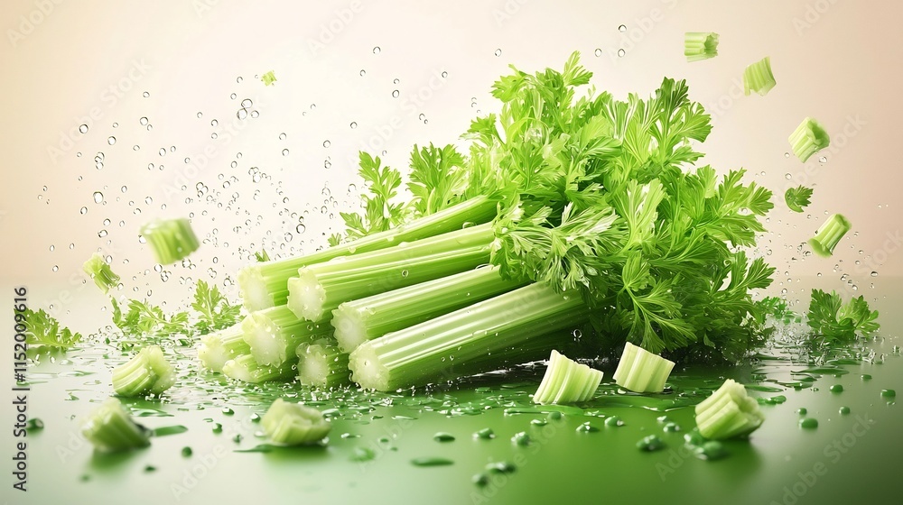 Poster cheerful 3d cartoon animation of fresh and happy looking celery with tiny sparkling water droplets o