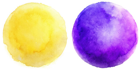Bright yellow and purple watercolor circles create a striking contrast, perfect for vibrant designs.