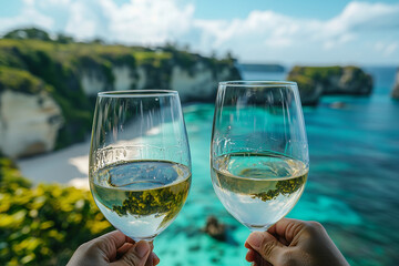 Cheers to paradise toasting with wine glasses over a scenic beach view in bali