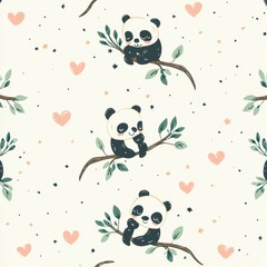 Naklejka premium A whimsical animal-themed pattern showcasing cartoon pandas, koalas, and sloths playing among leafy branches, surrounded by tiny hearts and stars in pastel tones of pink, mint, and cream. 