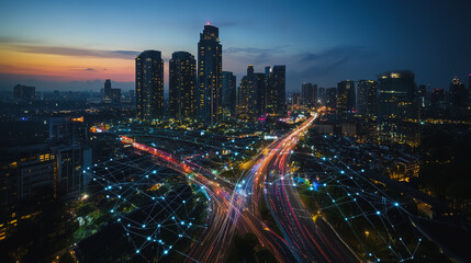 Fototapeta premium Smart digital city with connection cyber security network reciprocity over the cityscape . future smart wireless digital city and social media networking systems that connects people within the city