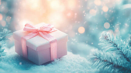A white box with a pink ribbon sits on top of the snow