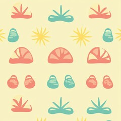 A whimsical beach-themed pattern showcasing cheerful seashells, starfish, and tiny sandcastles, surrounded by colorful beach balls, flip-flops, and sunshine rays in bright pastel tones. 