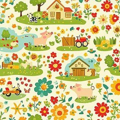 Fototapeta premium A whimsical farm-themed pattern showcasing happy pigs, cows, and chickens, surrounded by barns, tractors, and hay bales in vibrant shades of yellow, green, and red on a light beige background. 