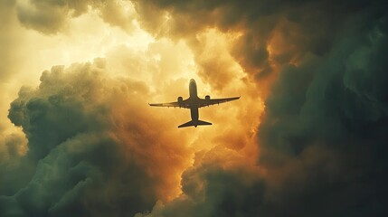 Naklejka premium Airplane soaring amidst turbulent storm clouds, dramatic lighting highlighting the aircraft as it navigates challenging skies.