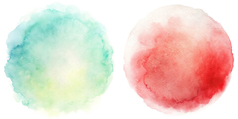 A vibrant green and red watercolor circle pair creates a striking artistic contrast.