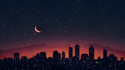 Beautiful city skyline at dusk with crescent moon and twinkling stars