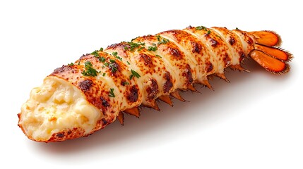 Baked lobster tail with creamy cheese filling, garnished with parsley.