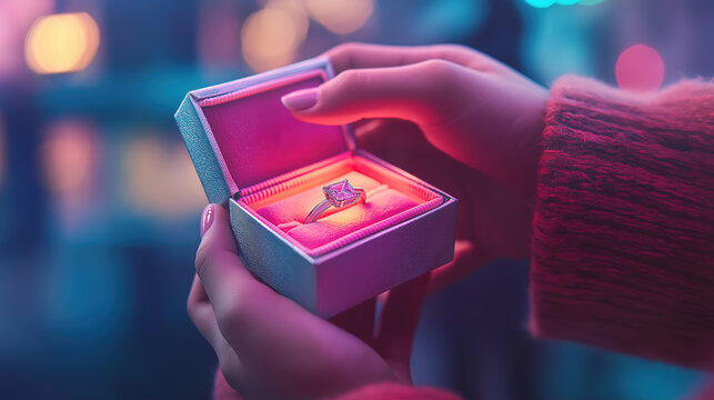 Romantic gesture as a man opens a ring box to give a meaningful gift to his girlfriend