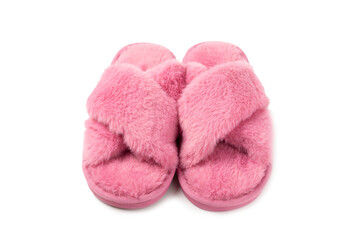 Soft slippers isolated on white background. Home slippers. Comfortable shoes for home. Foot care concept. Home comfort. Space for text. Copy space.