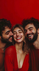 Fototapeta premium Diverse Friends Smiling Under Red Background