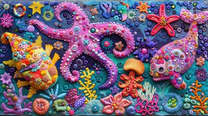 Colorful clay ocean scene with an octopus, fish, whale, corals, and flowers.