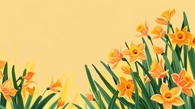 St. David's Day, light spring background, yellow daffodil flowers, watercolor illustration, drawing, retro vintage style, horizontal banner, copy space, free space for text