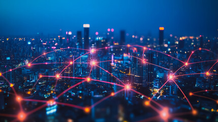 Fototapeta premium Smart digital city with connection cyber security network reciprocity over the cityscape . future smart wireless digital city and social media networking systems that connects people within the city