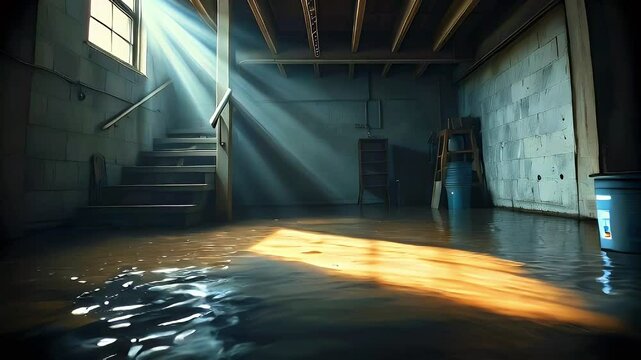 A flooded basement with sunlight streaming through a window, creating a moody atmosphere.