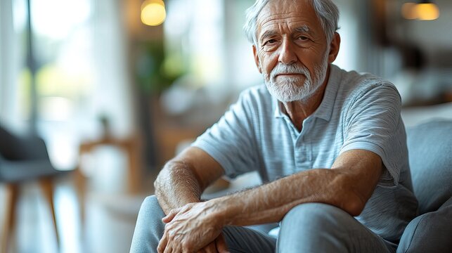 An older gentleman rests in a cozy living area, reflecting on his experience with arthritic rheumatism while seated comfortably