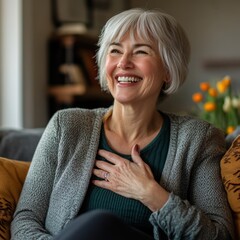 A cheerful older woman sits on her cozy home couch, smiling broadly with her perfect white teeth and laughing with a hand-on-chest gesture.