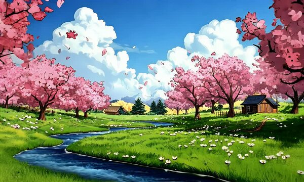 Idyllic spring scene with cherry blossoms, river, and houses.