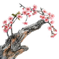 A plum blossom branch with pink flowers, hanging on the left side of an old tree trunk, against an isolated white background