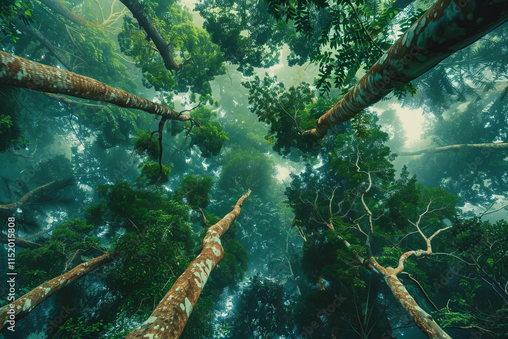 Poster sunlight filters through the misty canopy of a lush green jungle, creating a serene and magical atmo