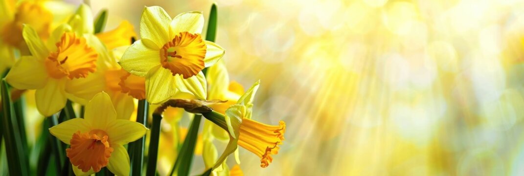 St. David's Day, spring background, bouquet of daffodil yellow flowers, horizontal banner, bokeh effect, copy space, free space for text
