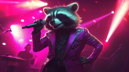 Enigmatic Raccoon Entertainer: Chic Raccoon in Pink Blazer Performing with Microphone on Illuminated Stage