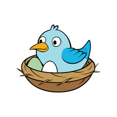 Bird with Egg in Nest on Tree Branch Vector Illustration

