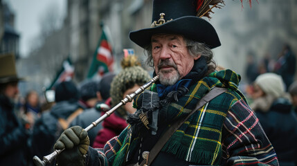St. David's Day celebration, portrait of an elderly Welsh man in national costume, street musician, trumpeter, revered lord, senior, carnival procession, parade