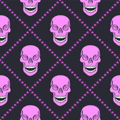 Seamless pattern with hand drawn human skulls inside trellis. Halloween repeat background. Day of dead wrapping design.