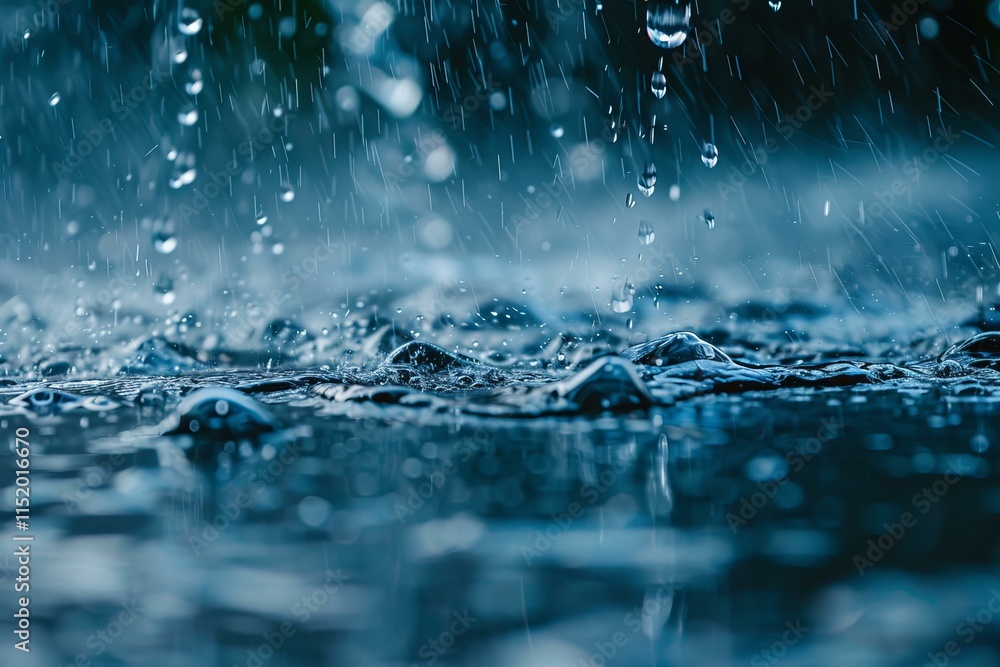 Poster close up of raindrops creating ripples and splashes on a wet surface during a heavy downpour