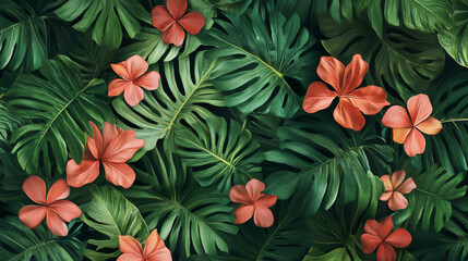 Fototapeta premium Vibrant Red Hibiscus Flowers with Tropical Leaves