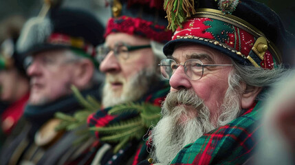 St. David's Day celebration, portrait of an elderly Welsh man in national costume, gray-haired grandfather, revered lord, senior, carnival procession, street parade