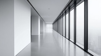Obraz premium A long, empty hallway with a large window on the far right